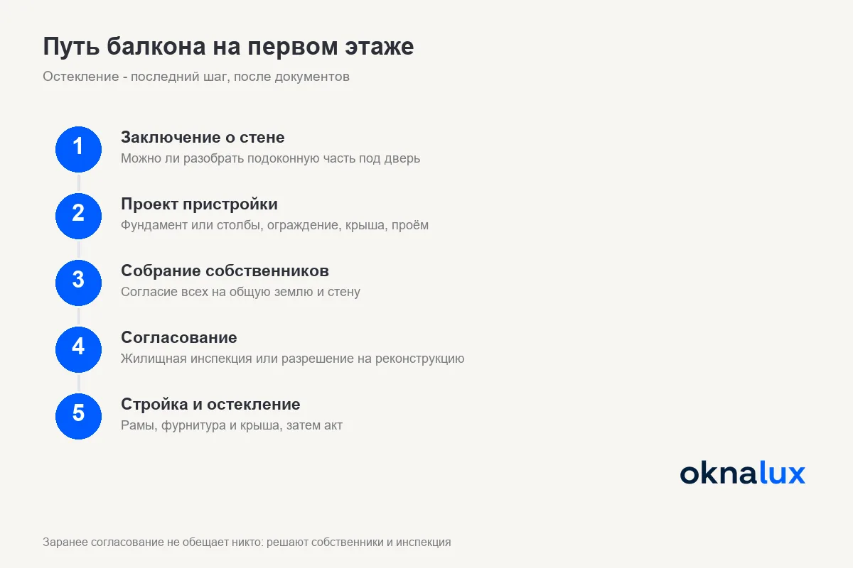 Схема «Путь балкона на первом этаже»: заключение, проект, собрание собственников, согласование и только потом остекление
