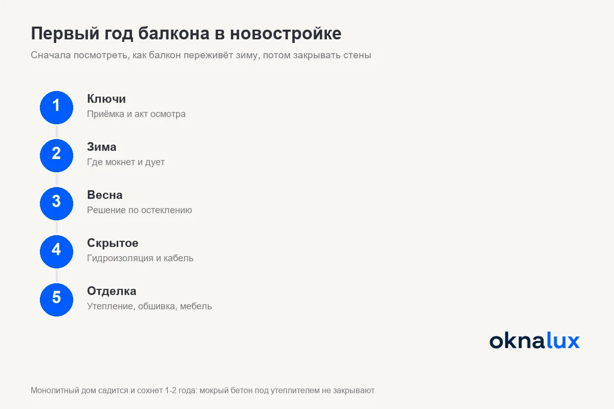 Схема «Первый год балкона в новостройке»: приёмка, первая зима, решение по остеклению, скрытые работы и отделка