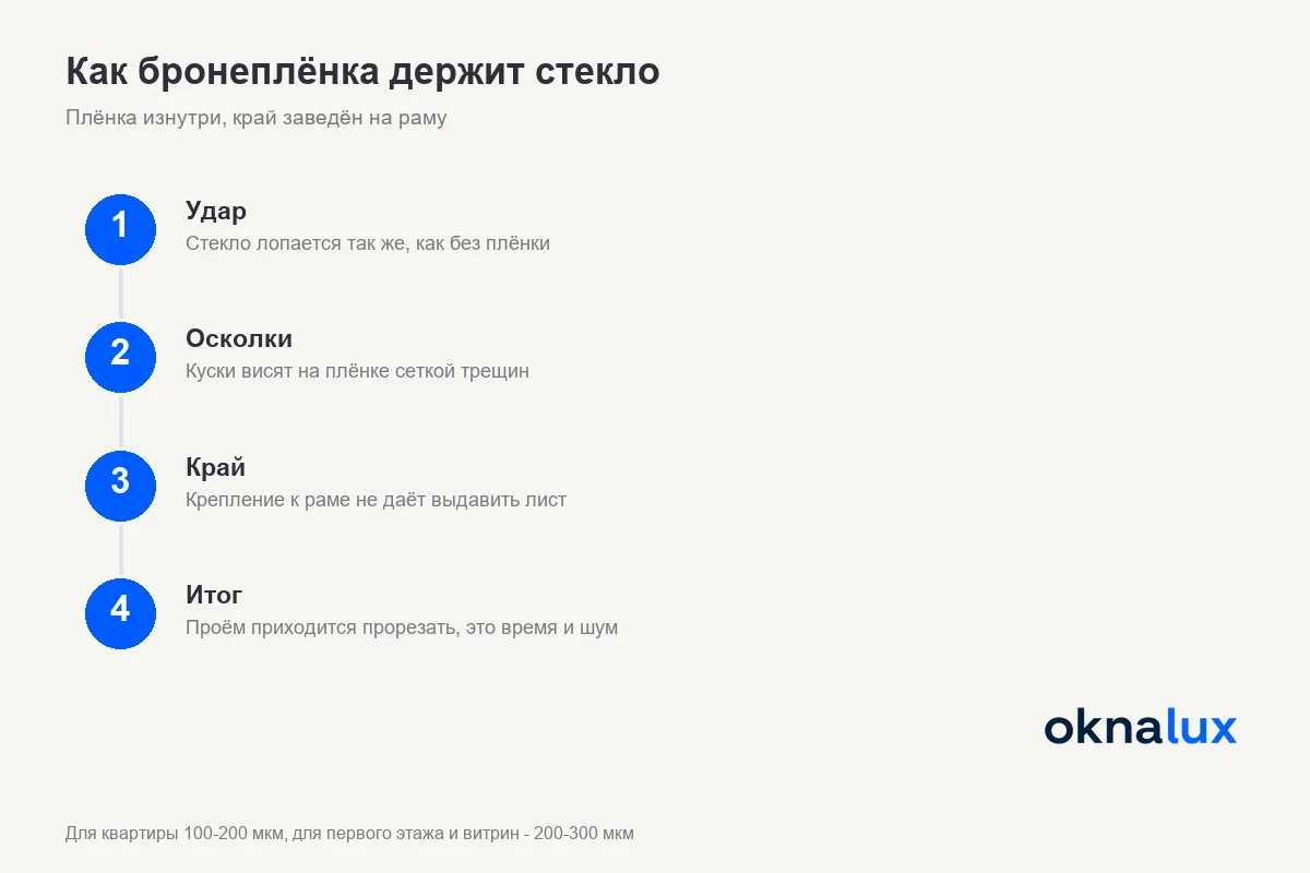 Схема «Как бронеплёнка держит стекло»: плёнка изнутри, край заведён на раму