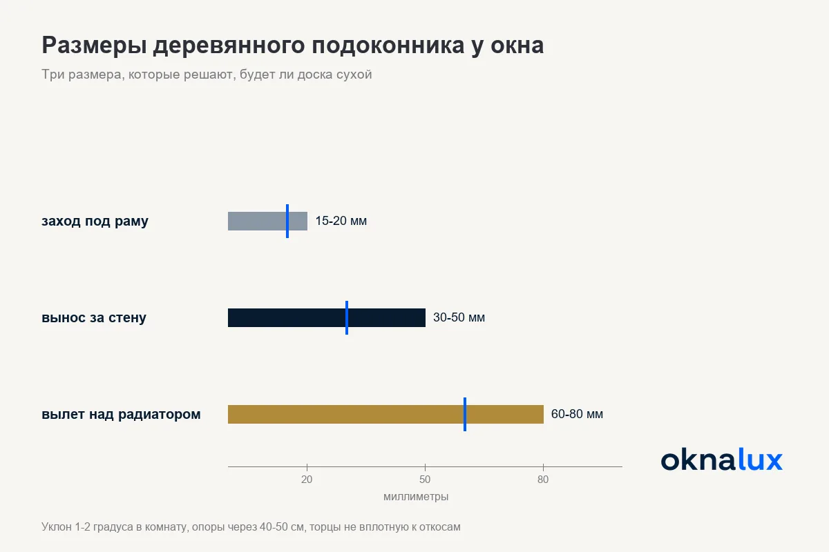 Схема «Размеры деревянного подоконника у окна»: заход под раму, вынос за стену и вылет над радиатором