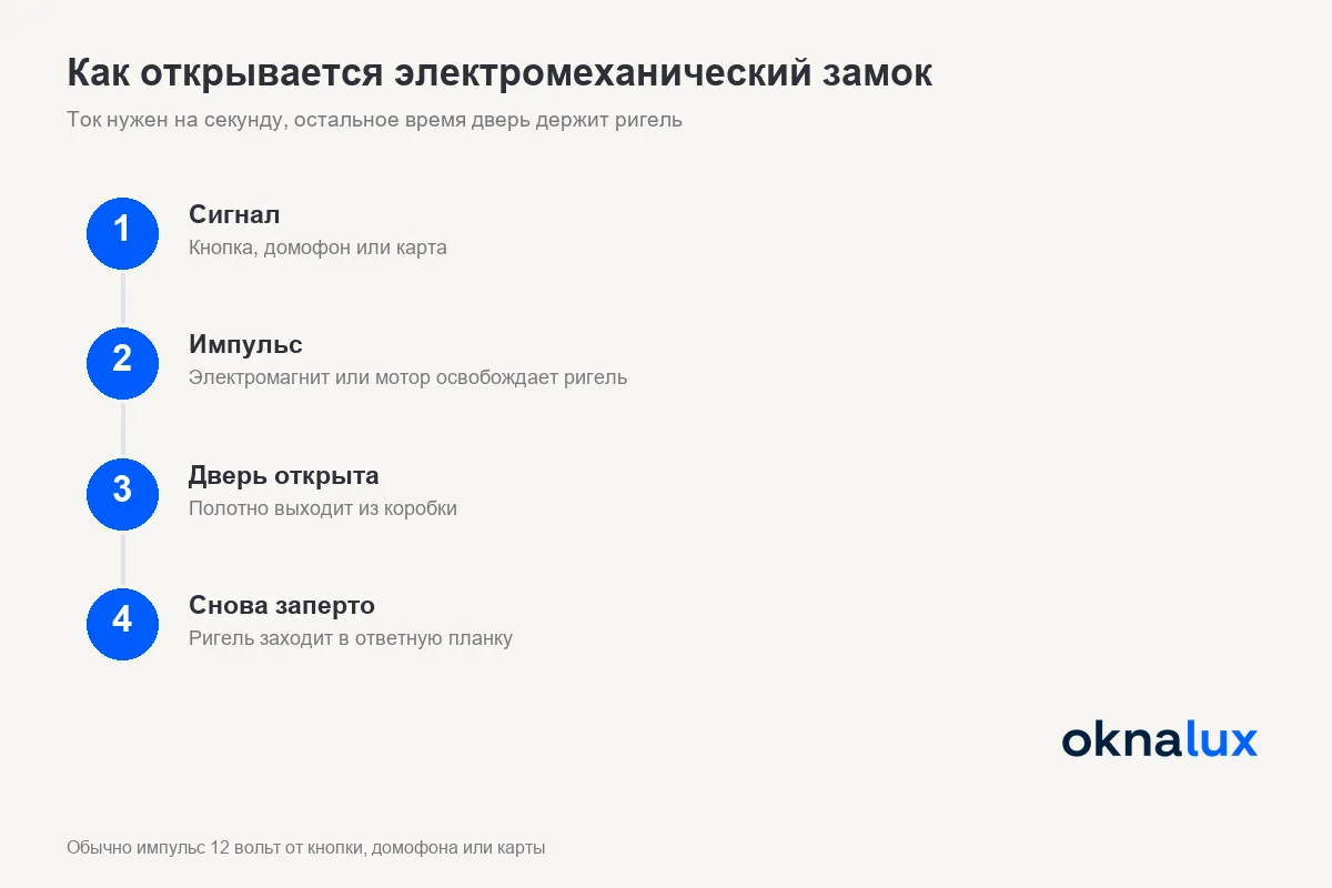 Схема электромеханического замка в алюминиевой двери: ригель в торце полотна, ответная планка в коробке, кабельный переход, кнопка и контроллер