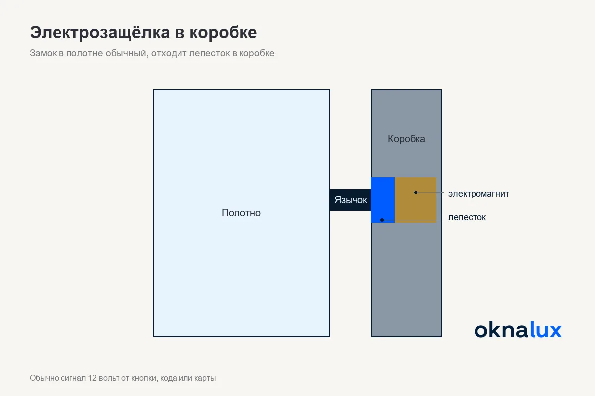 Схема электрозащёлки в коробке двери: язычок обычного замка в полотне, подвижный лепесток, электромагнит, кабель от контроллера