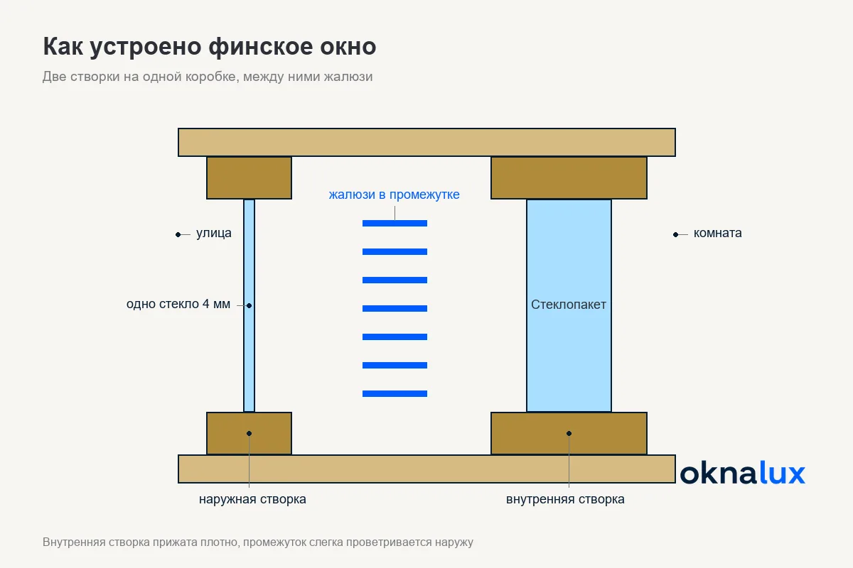 Схема «Как устроено финское окно»: внутренняя створка со стеклопакетом, промежуток с жалюзи и наружная створка с одним стеклом