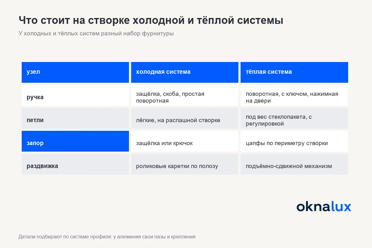 Схема «Что стоит на створке холодной и тёплой системы»: ручки, петли, запоры и раздвижные механизмы двух групп алюминиевых окон