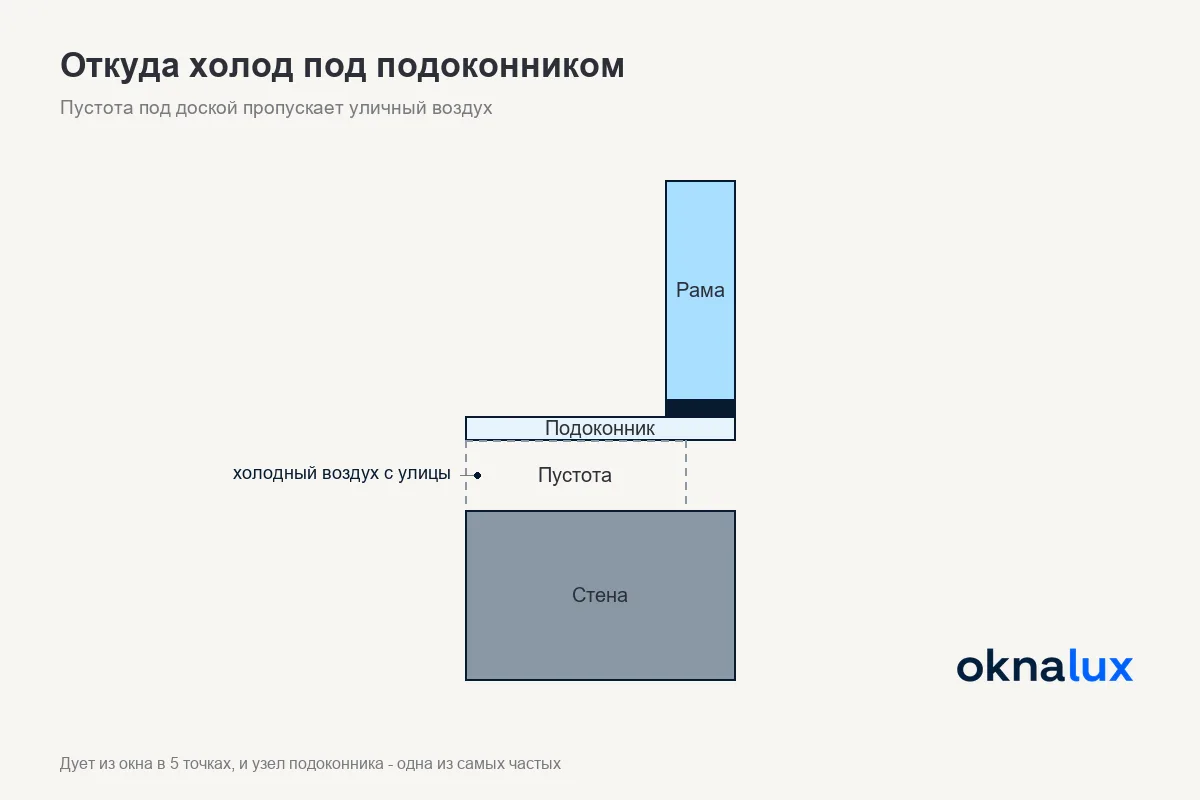 Схема узла под подоконником: рама, подставочный профиль, монтажный шов, пустота под доской и поток холодного воздуха