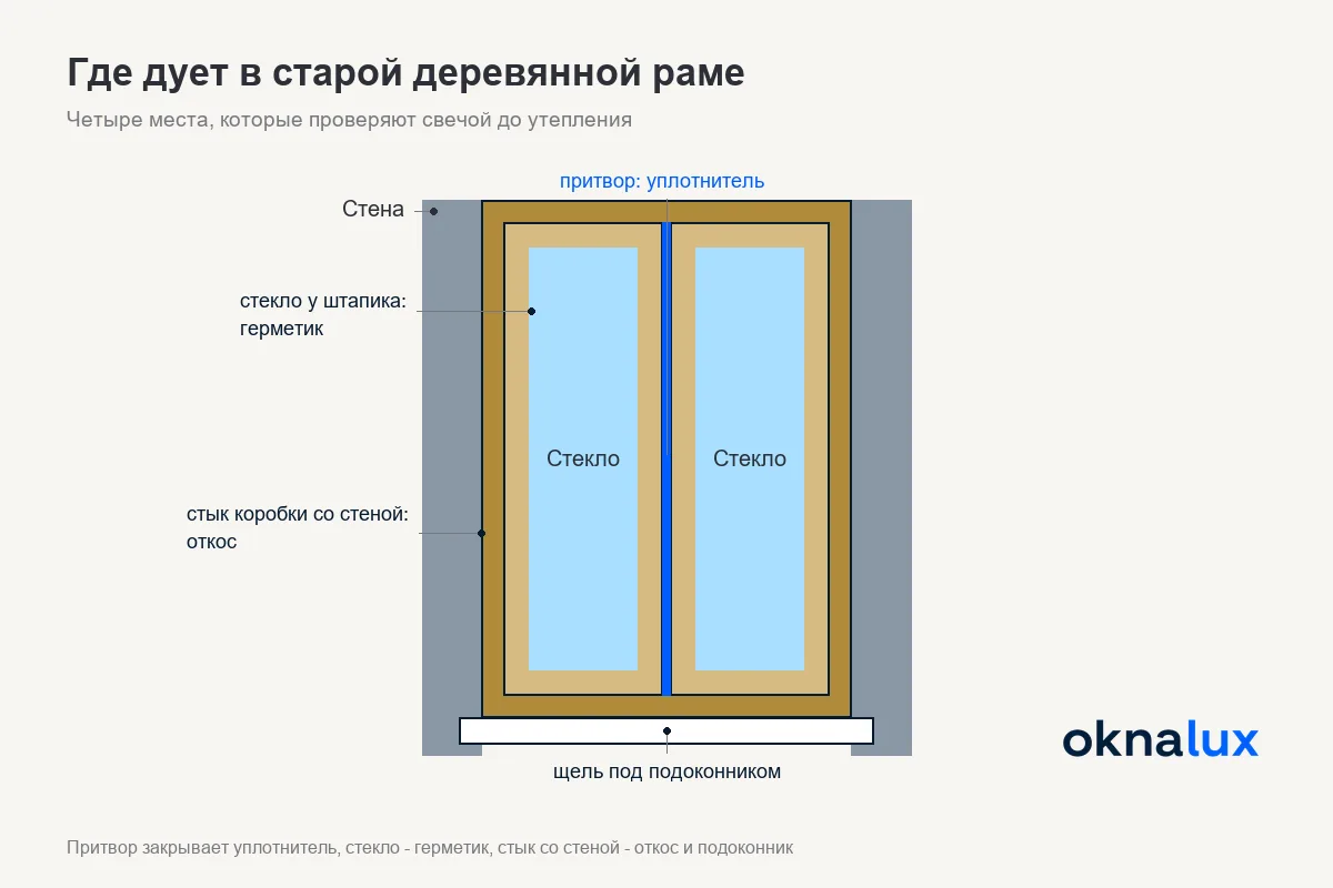 Схема «Где дует в старой деревянной раме»: притвор створки, стекло у штапика, стык со стеной и щель под подоконником