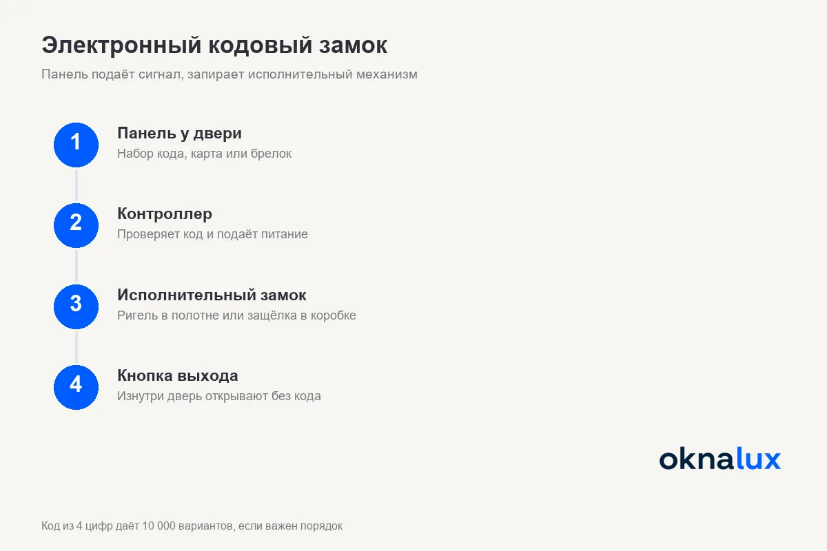 Схема электронного кодового замка: панель у двери, контроллер, исполнительный замок в полотне или защёлка в коробке, кнопка выхода изнутри