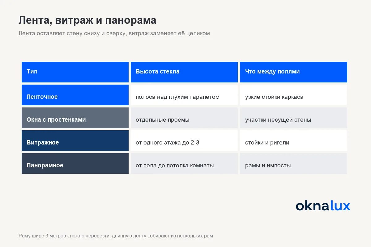 Схема «Лента, витраж и панорама»: чем ленточное остекление отличается от окон с простенками, витража и панорамного окна