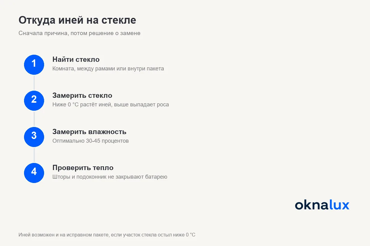 Схема «Откуда иней на стекле»: найти стекло со льдом, замерить его температуру, влажность в комнате и проверить тепло у окна