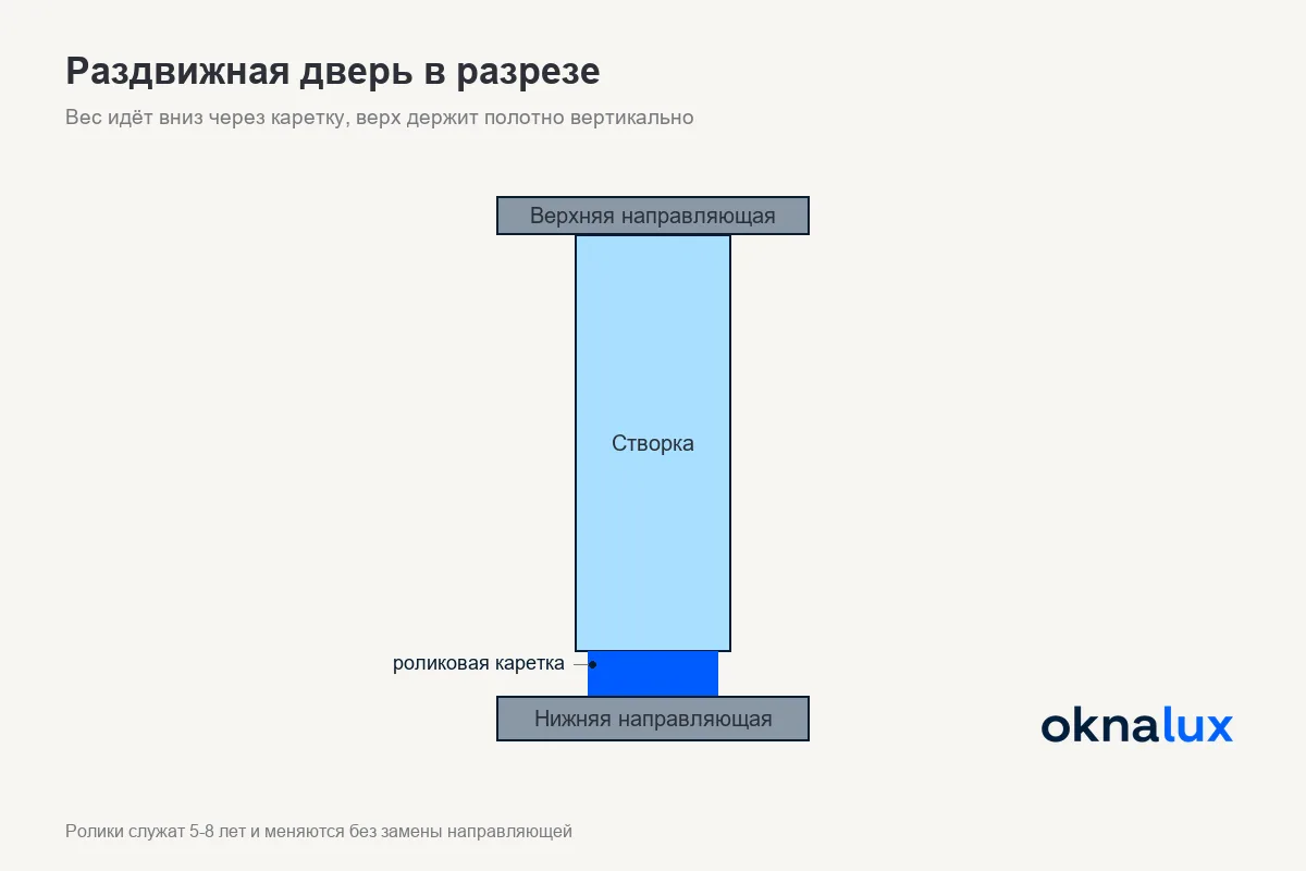Схема раздвижной двери в разрезе: нижняя направляющая с роликовой кареткой и верхняя удерживающая