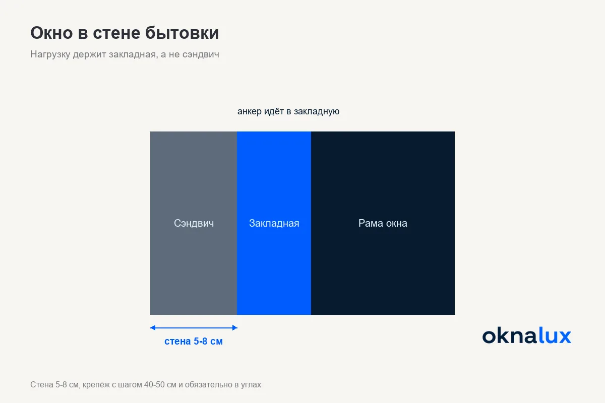 Узел крепления окна в стене бытовки с закладным брусом