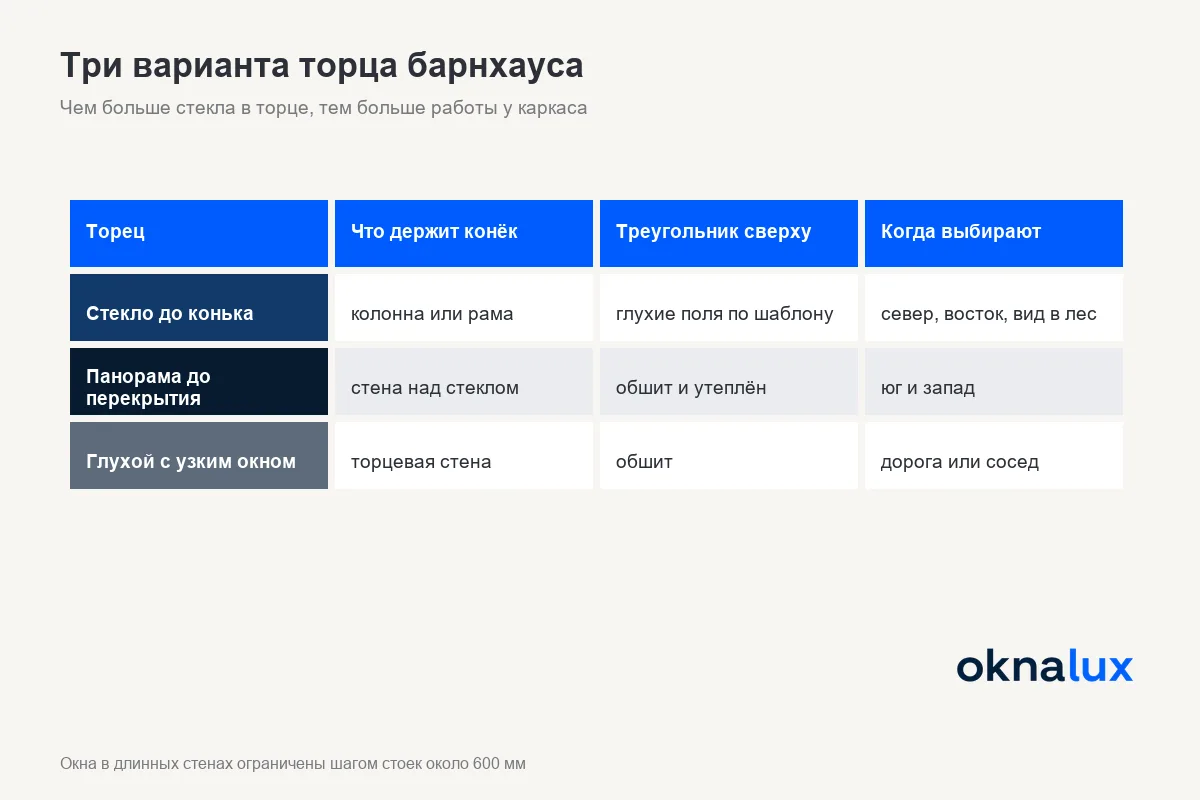Схема «Три варианта торца барнхауса»: стекло до конька, панорама до перекрытия, глухой торец с узкими окнами