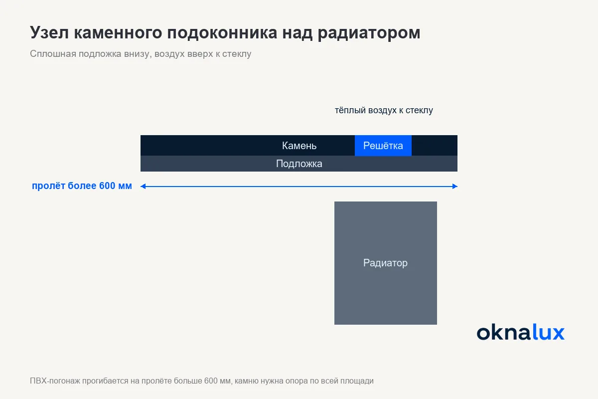 Узел каменного подоконника над радиатором