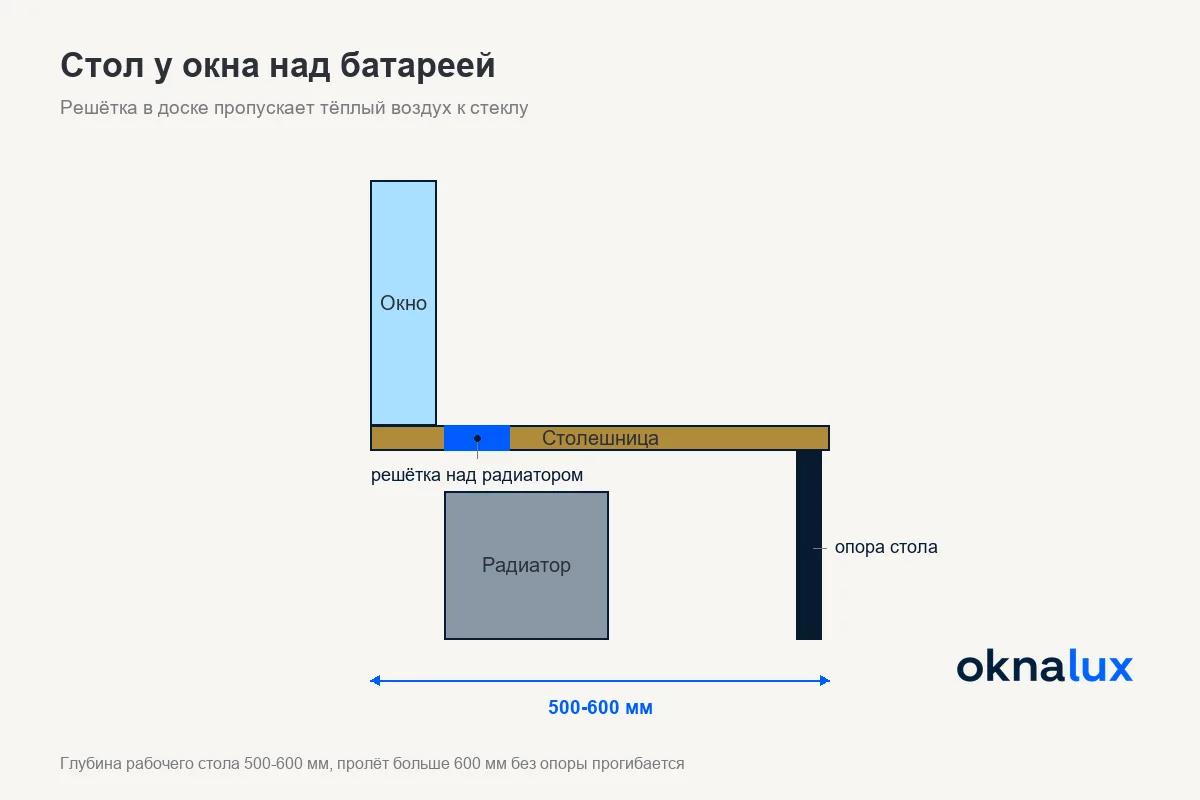 Схема подоконника-столешницы: окно, доска с решёткой над радиатором, опора и поток тёплого воздуха к стеклу