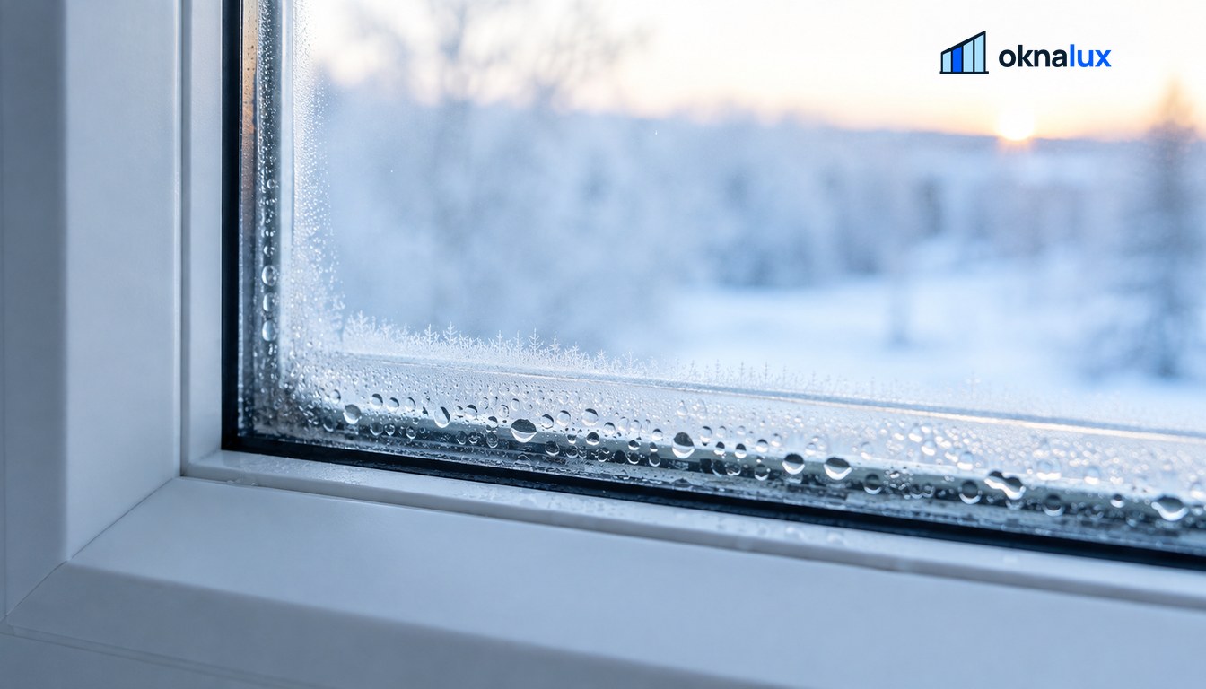 Крупный план нижней кромки стеклопакета с каплями конденсата и наледью изнутри