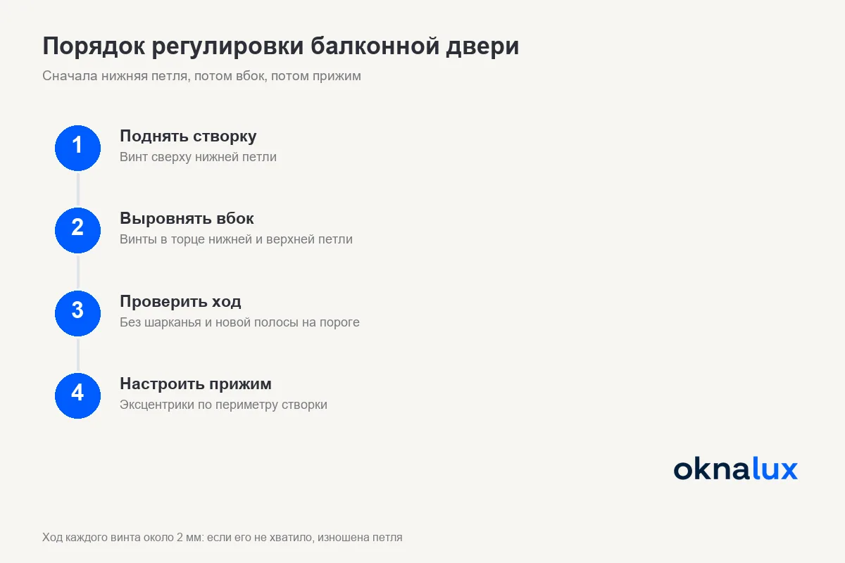 Схема балконной двери с петлями: нижняя петля поднимает створку, верхняя сдвигает её вбок, цапфы задают прижим