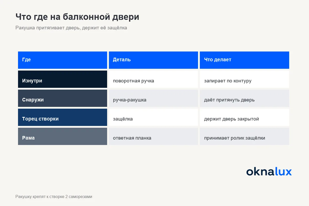 Схема балконной двери: изнутри поворотная ручка, снаружи ручка-ракушка без механизма, в торце защёлка и ответная планка на раме