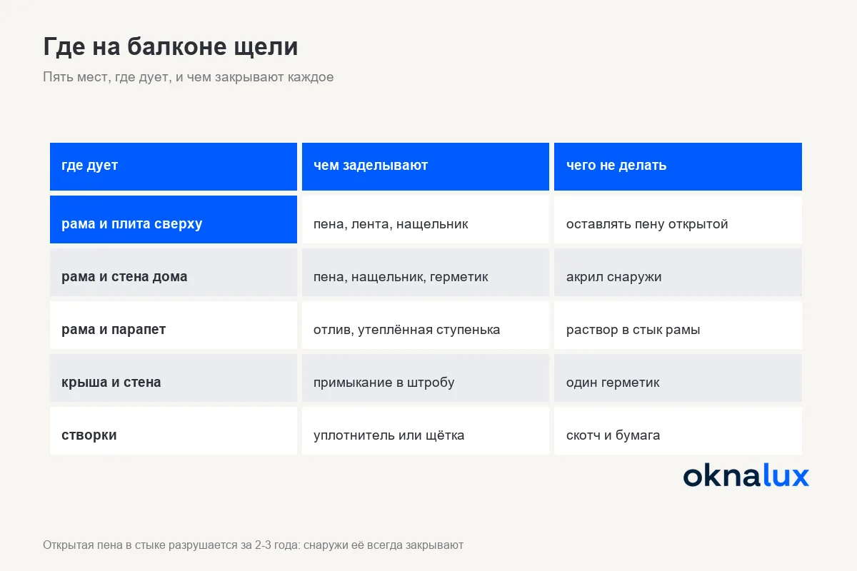Схема «Где на балконе щели»: пять мест продувания и чем заделывают каждое