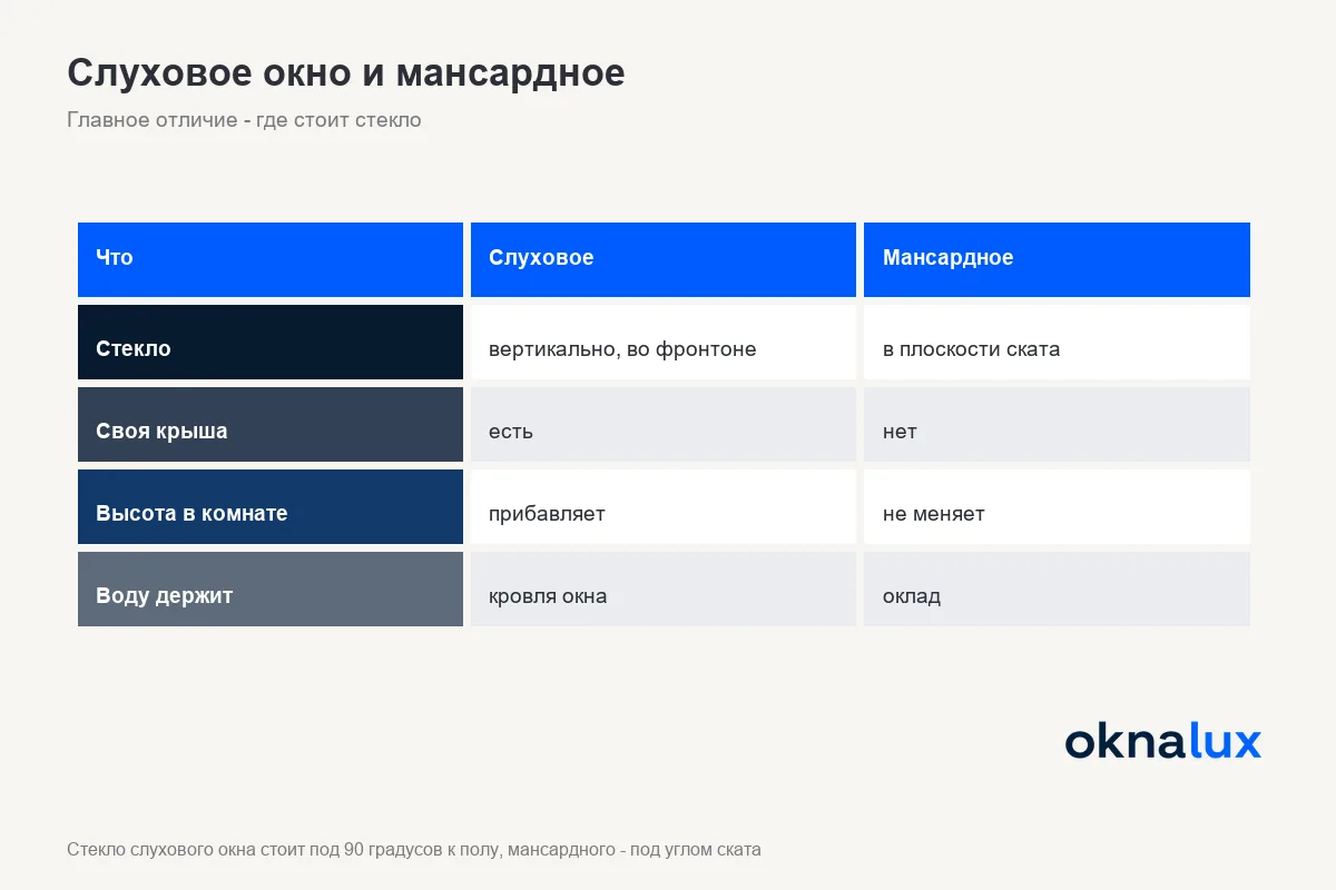 Схема «Слуховое окно и мансардное»: главное отличие - где стоит стекло