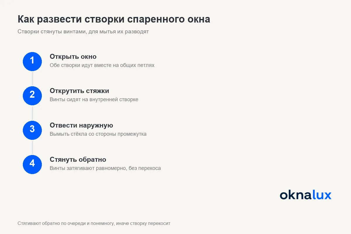 Схема «Как развести створки спаренного окна»: открыть, открутить стяжки, отвести наружную створку и стянуть обратно