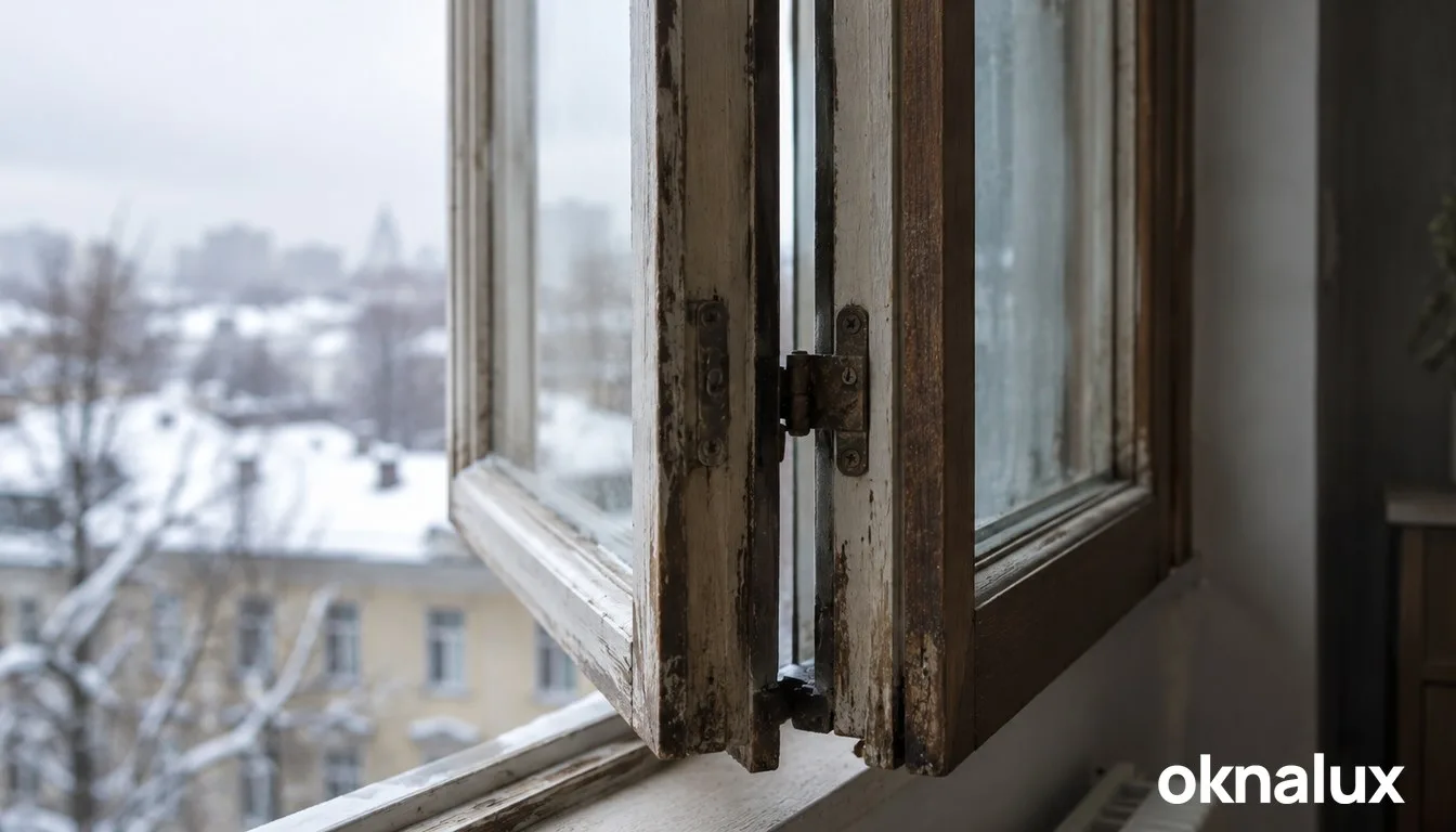 Старое деревянное спаренное окно крупным планом сбоку, две створки соединены друг с другом и открыты вместе, видна узкая щель между стёклами, зимний пасмурный день