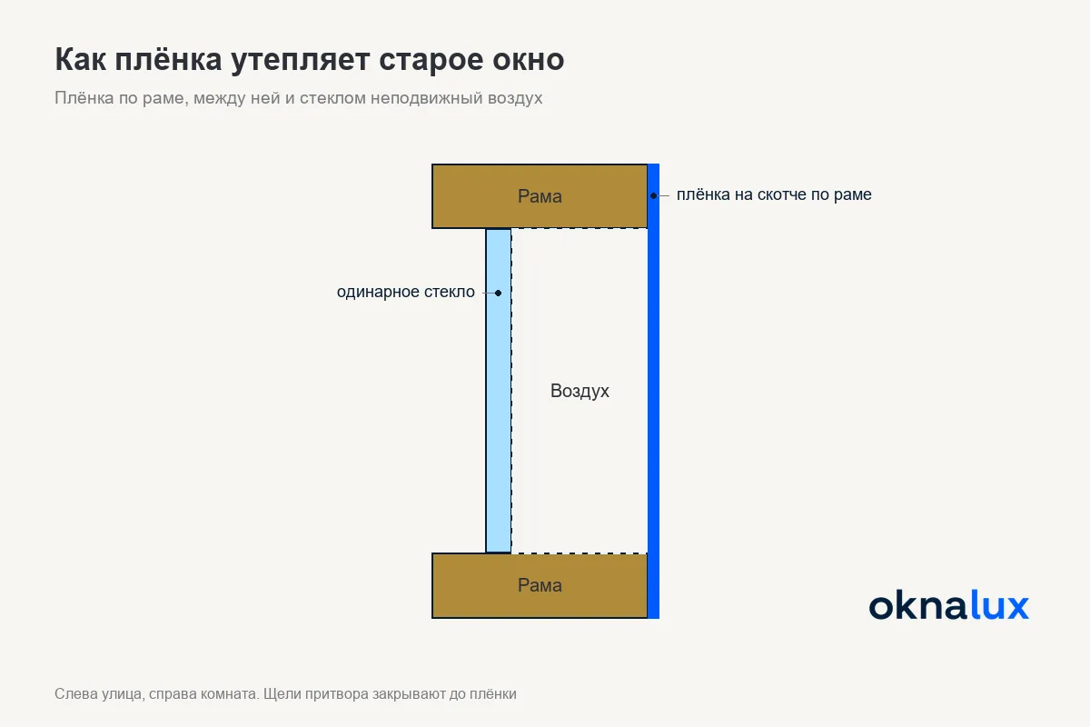 Схема «Как плёнка утепляет старое окно»: стекло в раме, слой неподвижного воздуха и плёнка на скотче по раме со стороны комнаты