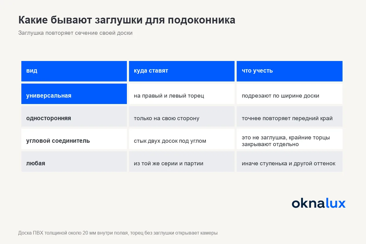 Схема «Какие бывают заглушки для подоконника»: универсальная, односторонняя, угловой соединитель и чем они отличаются