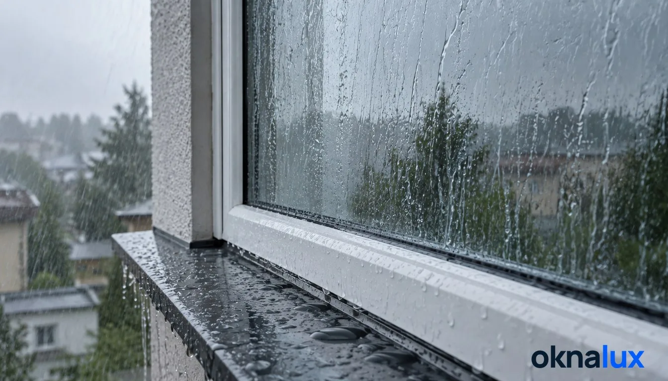 Оконное стекло снаружи во время сильного косого дождя, вода стекает по стеклу и профилю, капли на отливе, пасмурный день