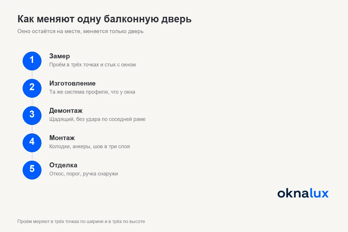 Схема «Как меняют одну балконную дверь»: окно остаётся на месте, меняется только дверь