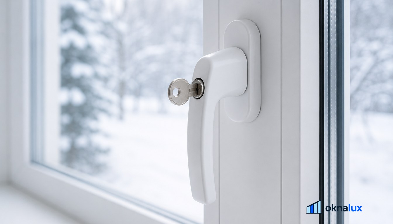 Белая оконная ручка с замком под ключ крупным планом, ключ вставлен в замочек