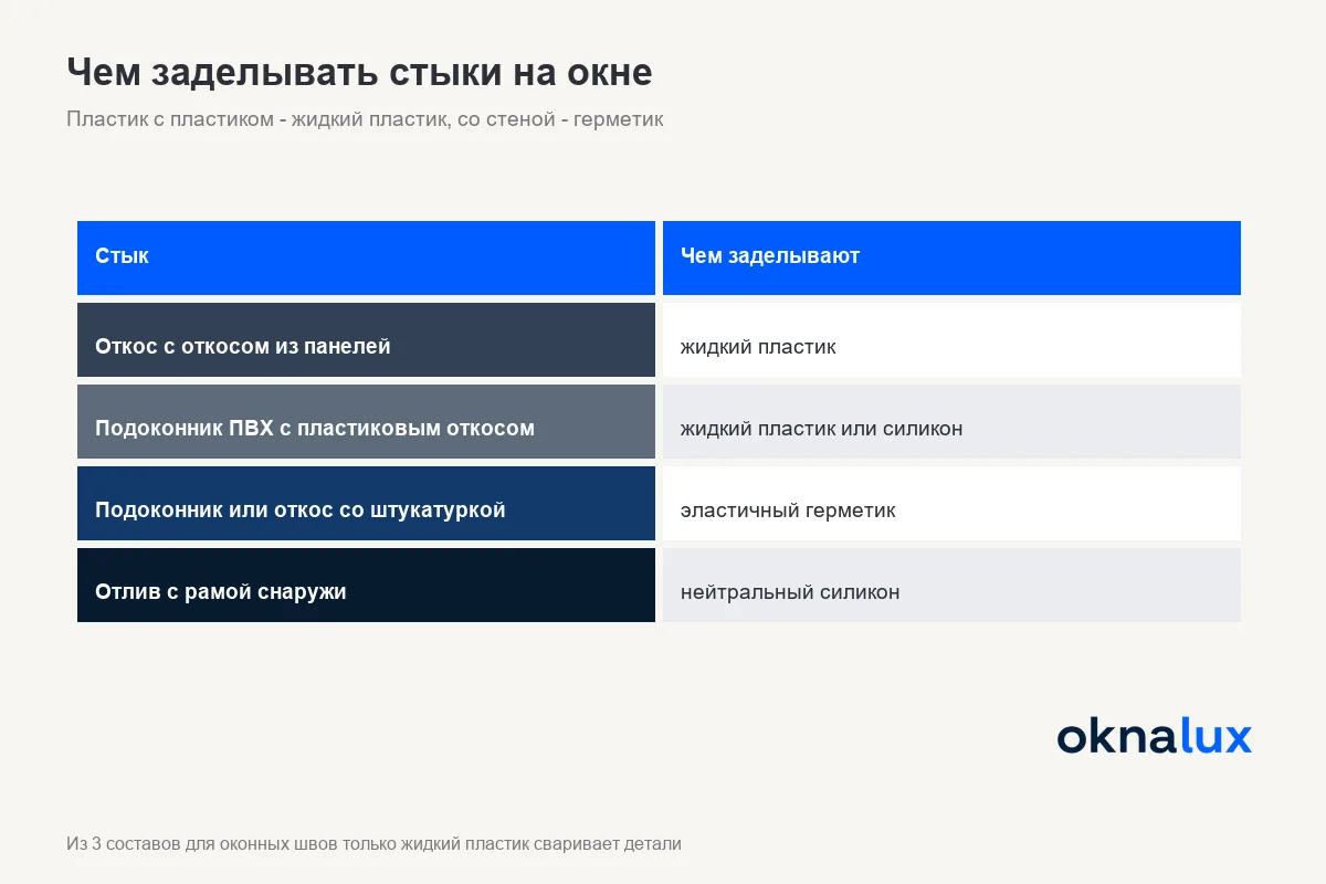 Схема стыков на окне: где нужен жидкий пластик между пластиковыми деталями и где эластичный герметик у стены