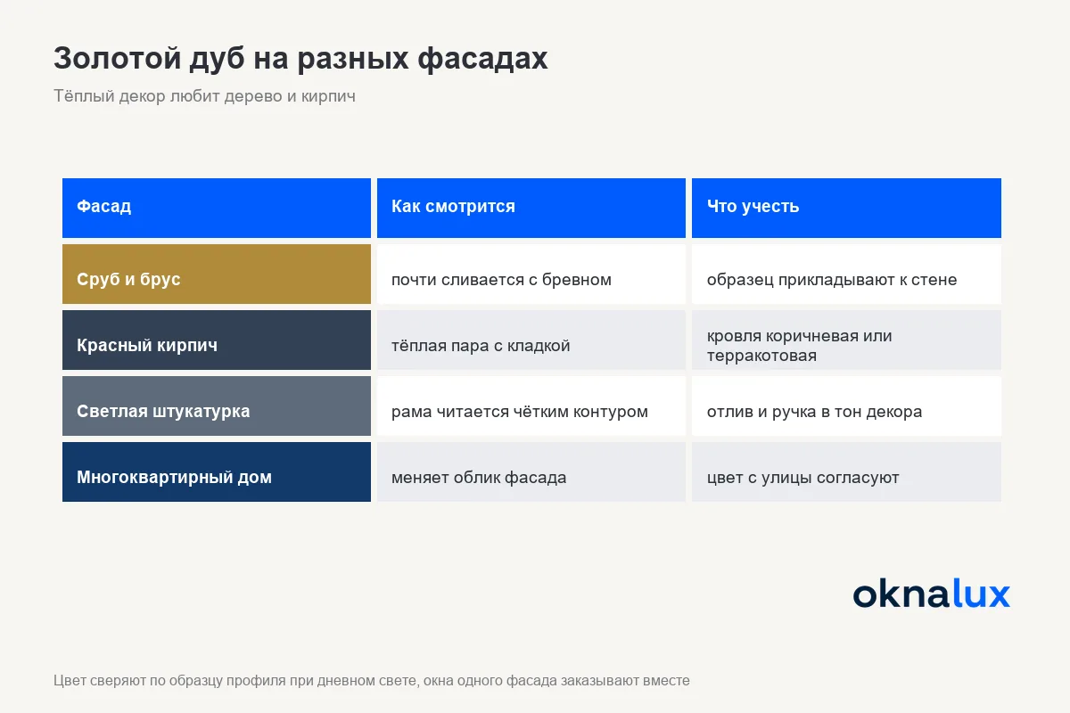 Схема «Золотой дуб на разных фасадах»: сруб и брус, красный кирпич, светлая штукатурка и многоквартирный дом - как смотрится декор и что учесть